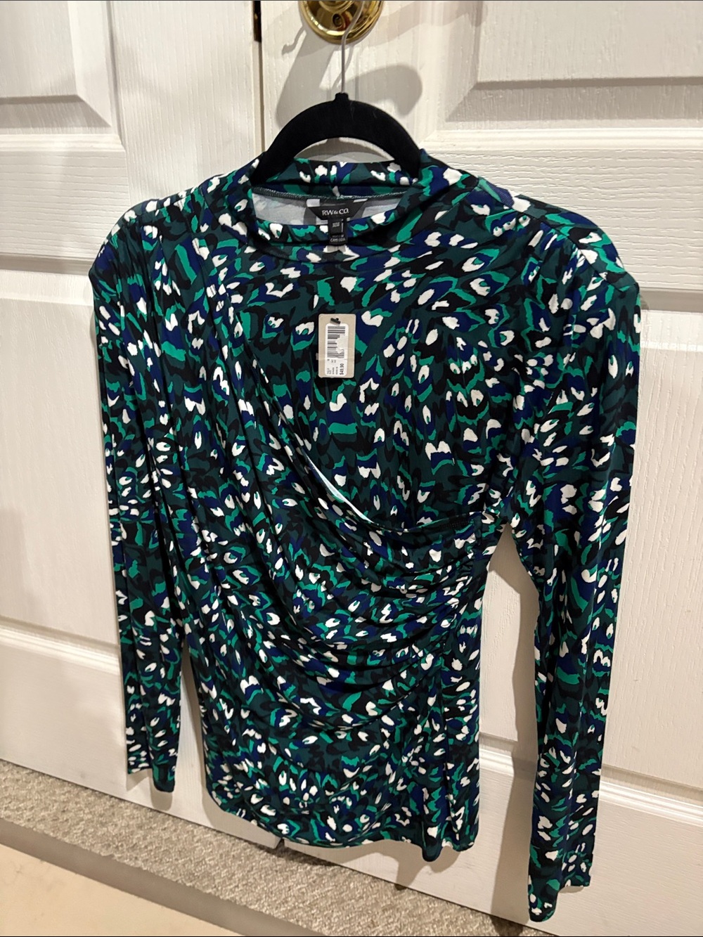 RW & CO Green & Blue Patterned Drape Front Long-Sleeve Top